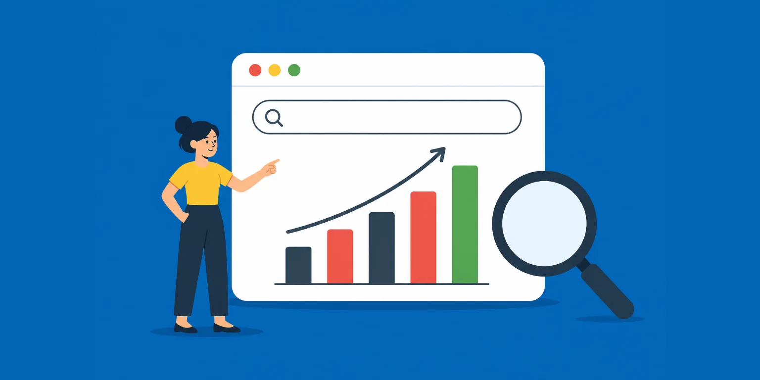 Site içi arama verisinin satış grafiğine etkisi: arama çubuğu ve yükselen satış grafiği illüstrasyonu